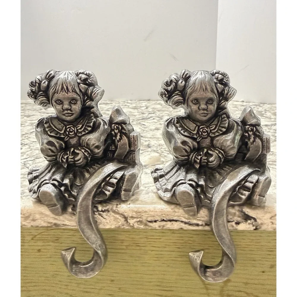 2 Carson Pewter Doll Christmas Stocking Hook Hangers Mantle Holiday Decor VTG